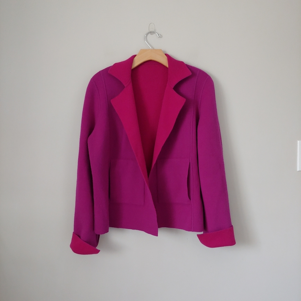 Akris Cashmere Double Faced Reversible Knit Cardigan Jacket Fuschia Size 12